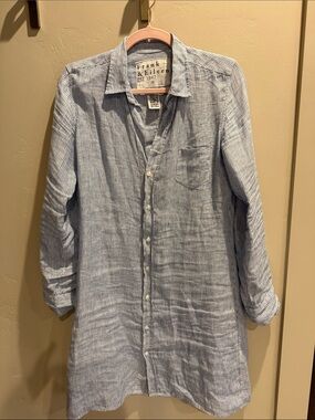 Frank & Eileen Blue and White Striped Linen-Blend Button Down Shirt